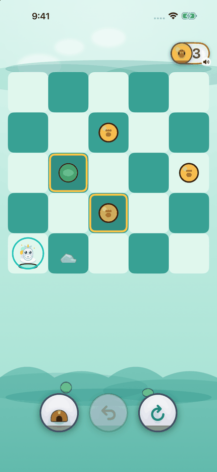 A knight puzzle: hop the unicorn in an L shape around a teal checkerboard to collect coins.