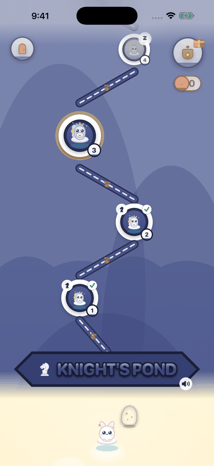 The world map, with a trail of level nodes leading up to Knight's Pond.